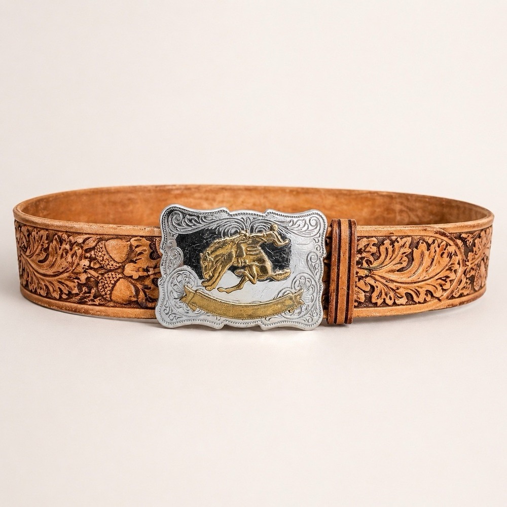 Vtg Western Tooled Leather Belt Sz 34 Nickle Silver Buckle Bronco Rodeo Cowboy